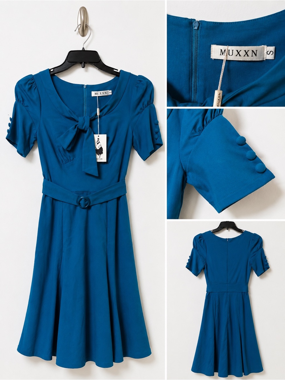 🔥MUXXN Teal Blue Retro Bow Belted Dress